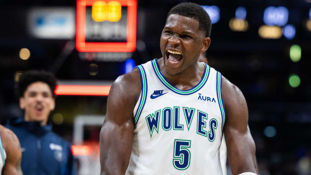 Mar 7, 2024; Indianapolis, Indiana, USA; Minnesota Timberwolves guard Anthony Edwards (5) celebrates the win over Indiana Pacers at Gainbridge Fieldhouse.